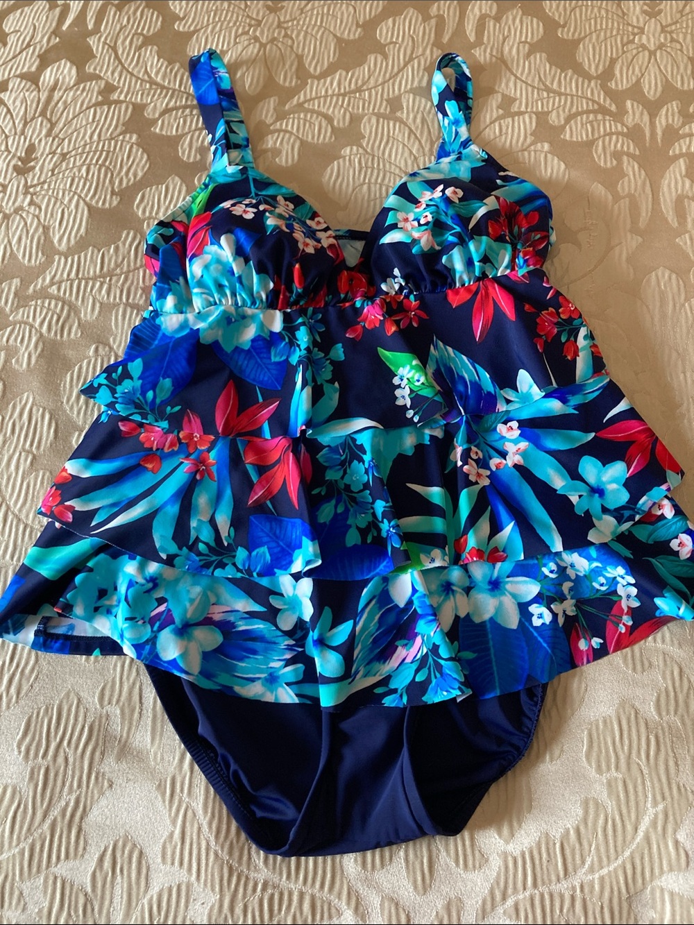 Girls Navy Tropical Floral Tankini Swim Set